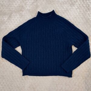 J. Crew Women's Cashmere Cable Knit Sweater Mock Neck Roll Hem Navy Blue M